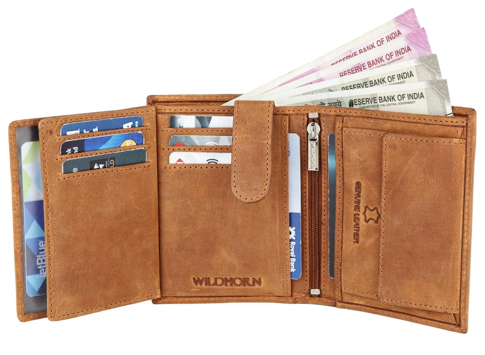 WILDHORN Top Grain Portrait Leather Wallet for Men | Ultra Strong Stitching | Handcrafted | RFID Blocking | 2 ID Slots | 11 Card Slots | Zip Compartment