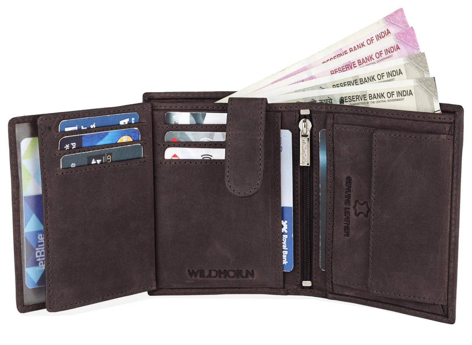 WILDHORN Top Grain Portrait Leather Wallet for Men | Ultra Strong Stitching | Handcrafted | RFID Blocking | 2 ID Slots | 11 Card Slots | Zip Compartment
