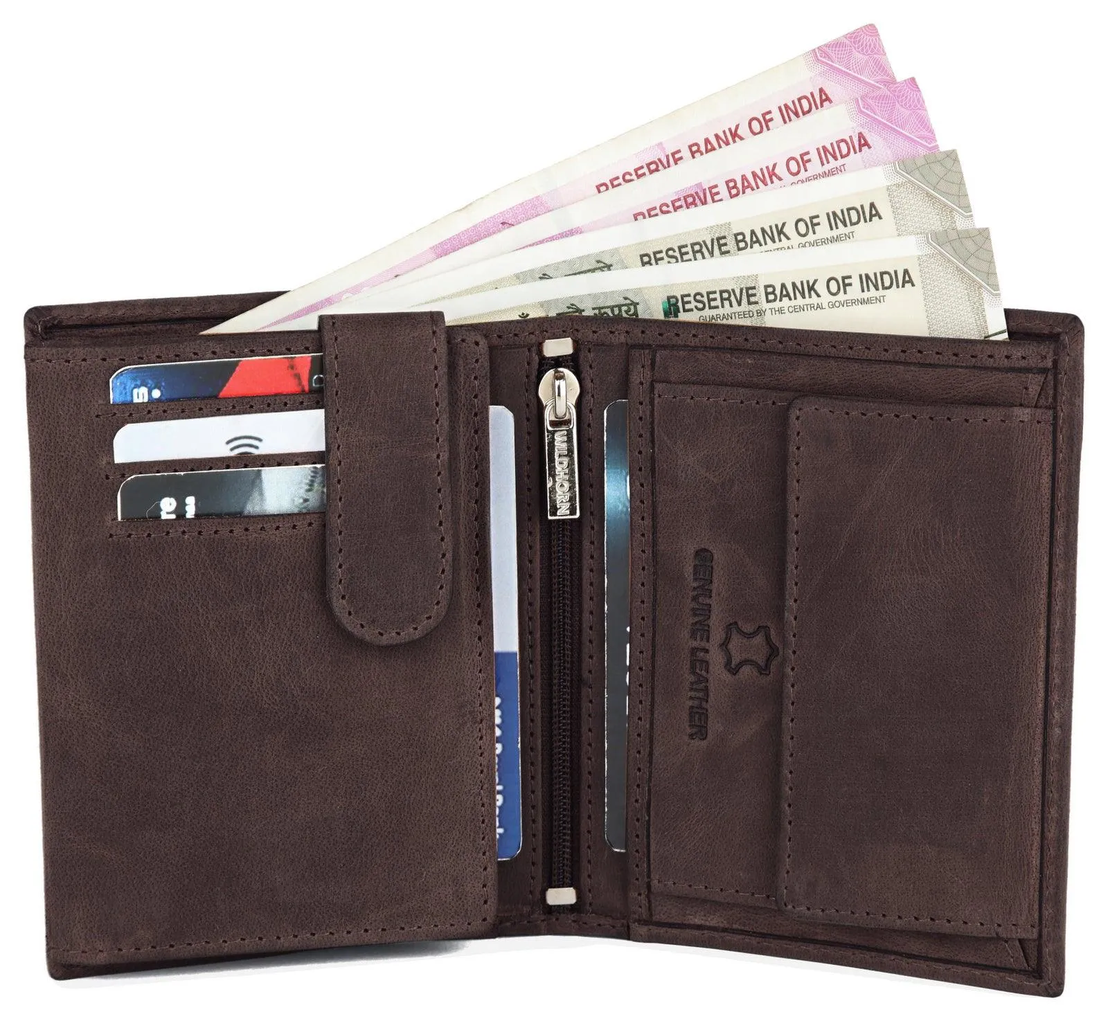 WILDHORN Top Grain Portrait Leather Wallet for Men | Ultra Strong Stitching | Handcrafted | RFID Blocking | 2 ID Slots | 11 Card Slots | Zip Compartment