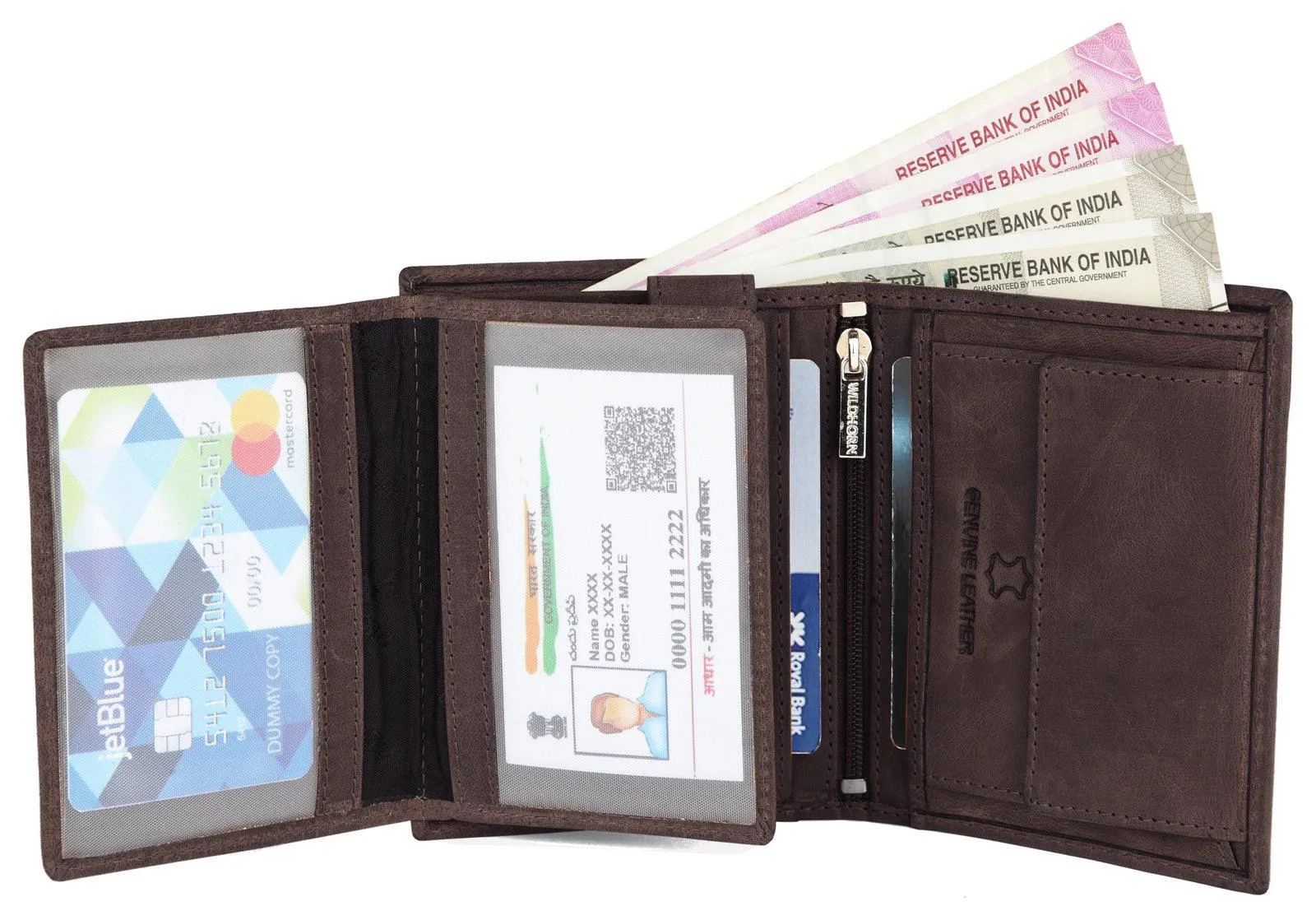 WILDHORN Top Grain Portrait Leather Wallet for Men | Ultra Strong Stitching | Handcrafted | RFID Blocking | 2 ID Slots | 11 Card Slots | Zip Compartment