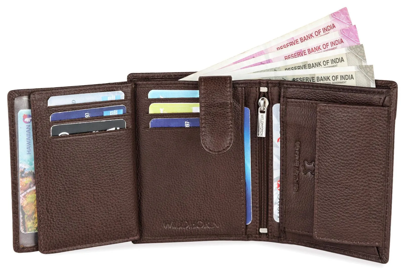 WILDHORN Top Grain Portrait Leather Wallet for Men | Ultra Strong Stitching | Handcrafted | RFID Blocking | 2 ID Slots | 11 Card Slots | Zip Compartment