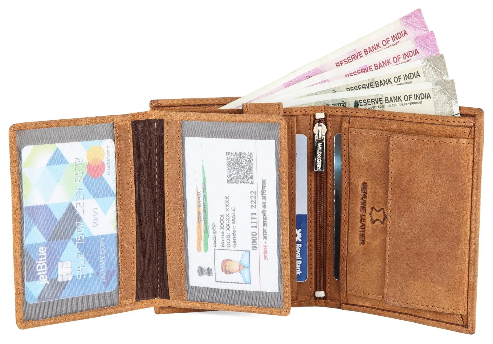 WILDHORN Top Grain Portrait Leather Wallet for Men | Ultra Strong Stitching | Handcrafted | RFID Blocking | 2 ID Slots | 11 Card Slots | Zip Compartment