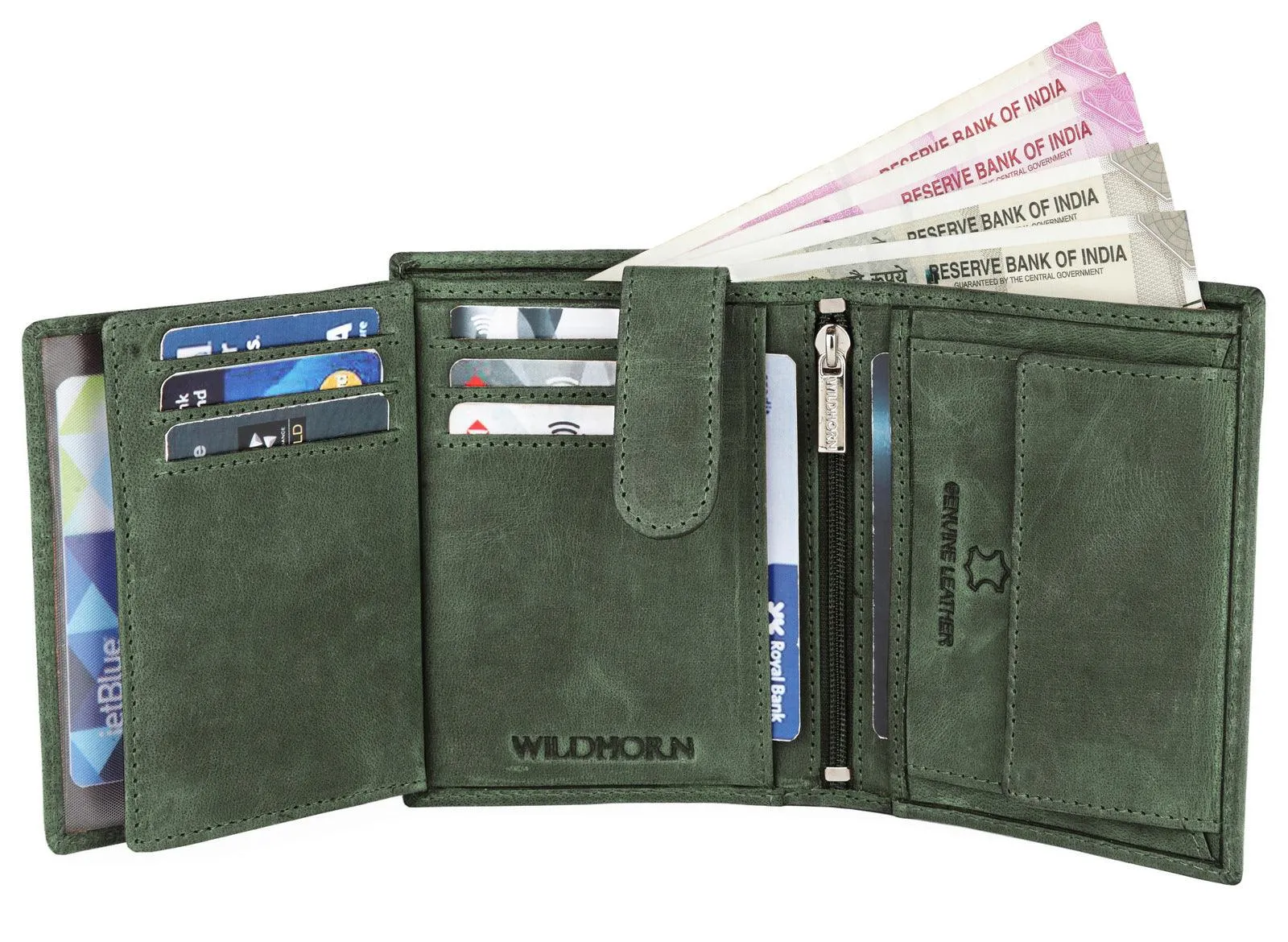 WILDHORN Top Grain Portrait Leather Wallet for Men | Ultra Strong Stitching | Handcrafted | RFID Blocking | 2 ID Slots | 11 Card Slots | Zip Compartment