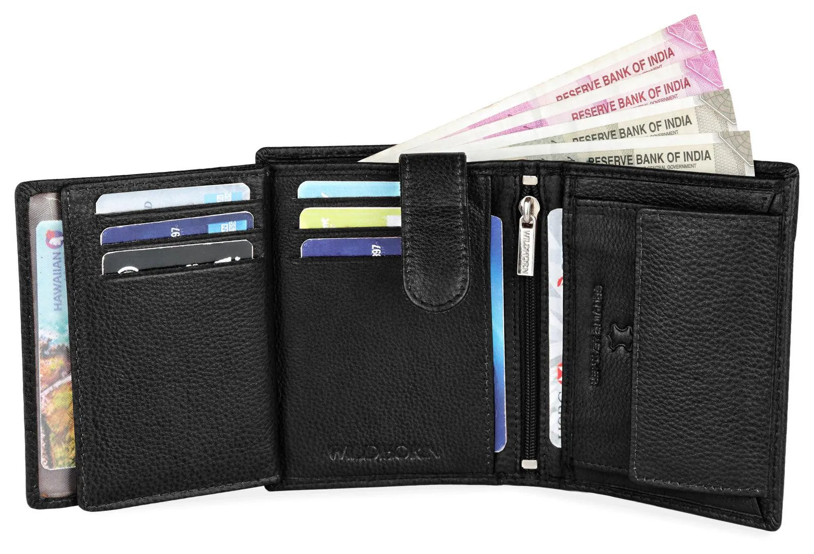 WILDHORN Top Grain Portrait Leather Wallet for Men | Ultra Strong Stitching | Handcrafted | RFID Blocking | 2 ID Slots | 11 Card Slots | Zip Compartment