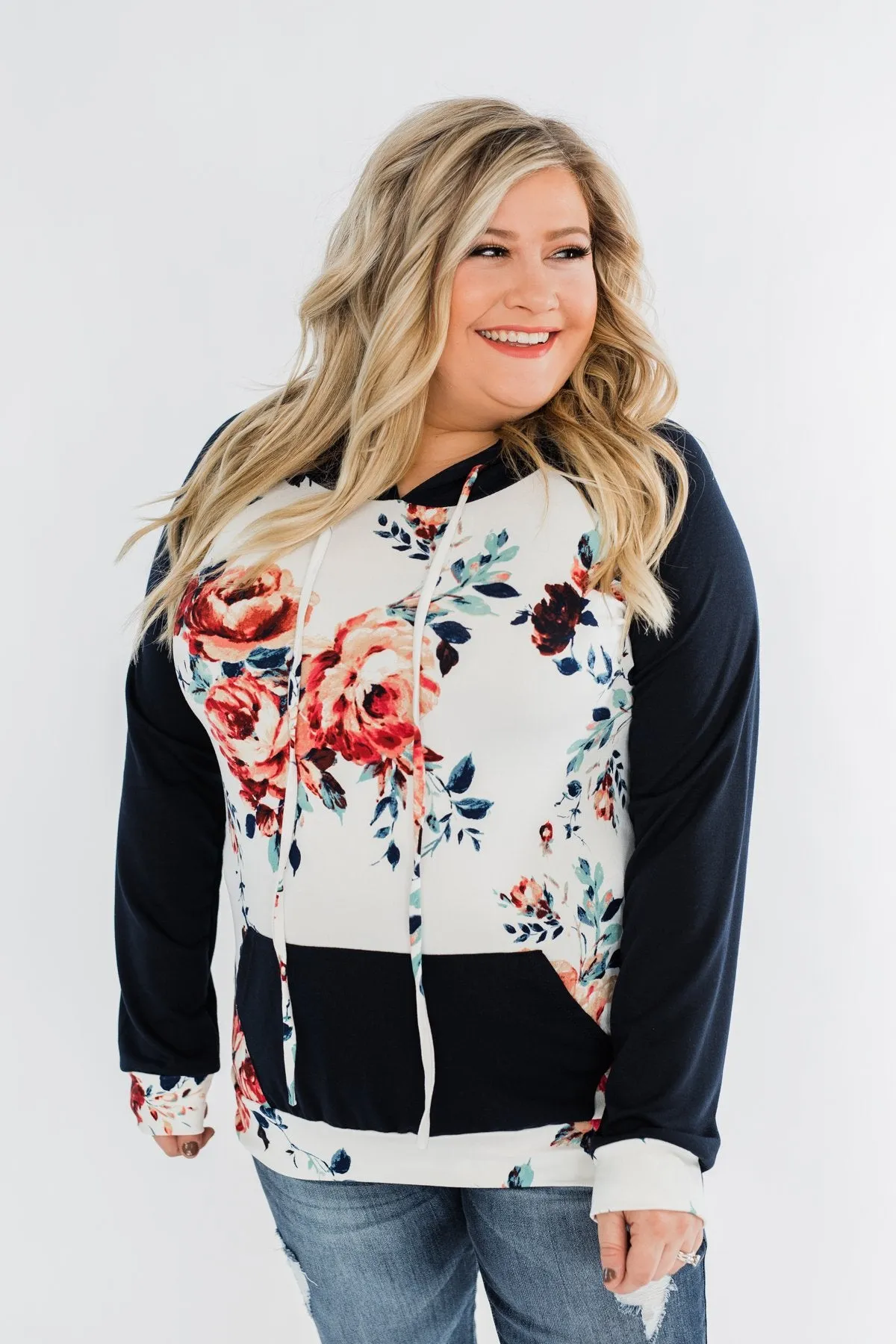 Winter Blooms Floral Hoodie- Navy & Ivory