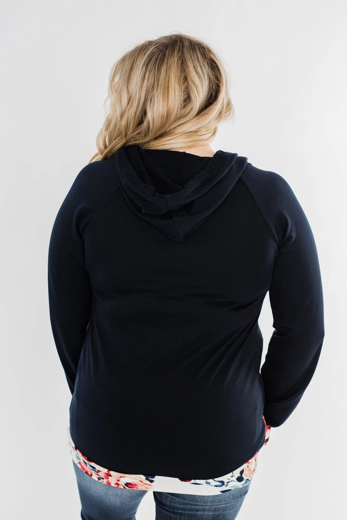 Winter Blooms Floral Hoodie- Navy & Ivory