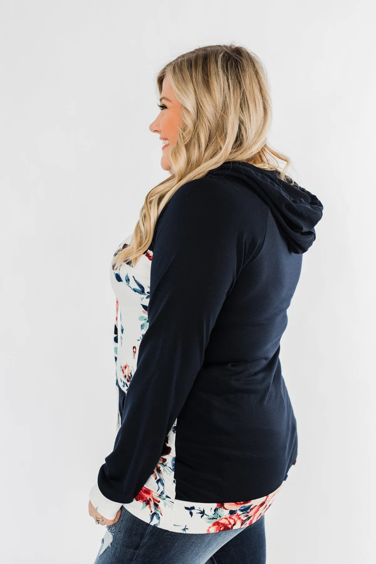 Winter Blooms Floral Hoodie- Navy & Ivory