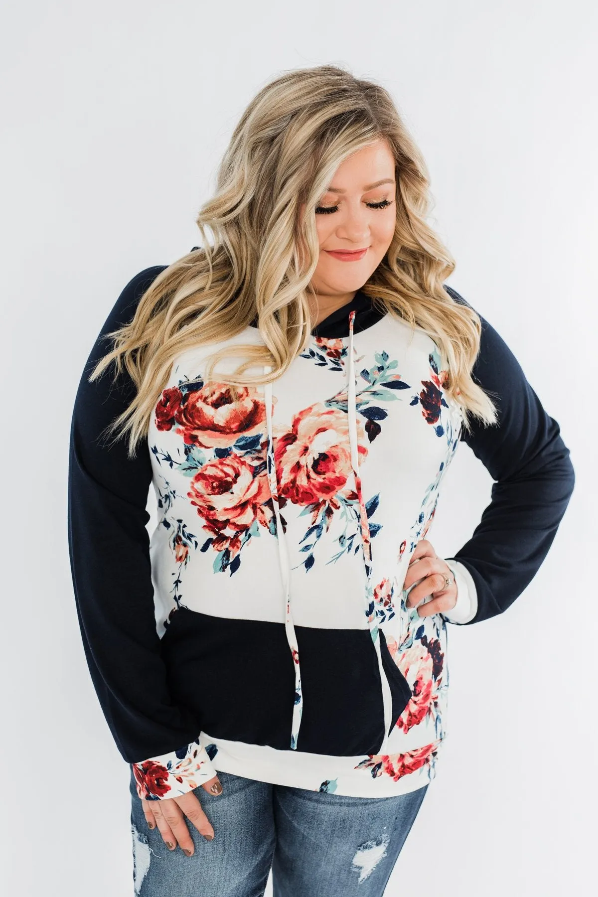 Winter Blooms Floral Hoodie- Navy & Ivory