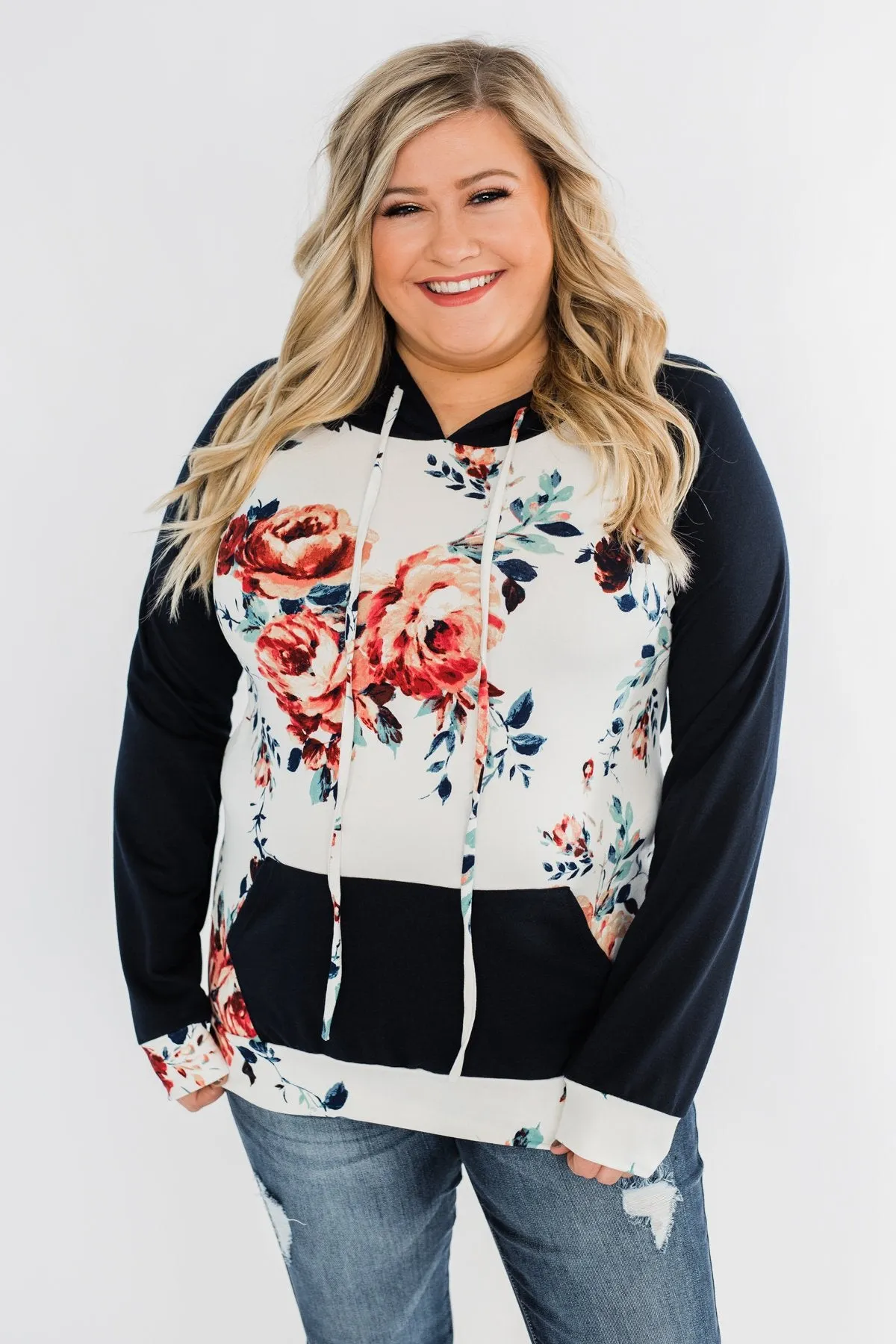 Winter Blooms Floral Hoodie- Navy & Ivory