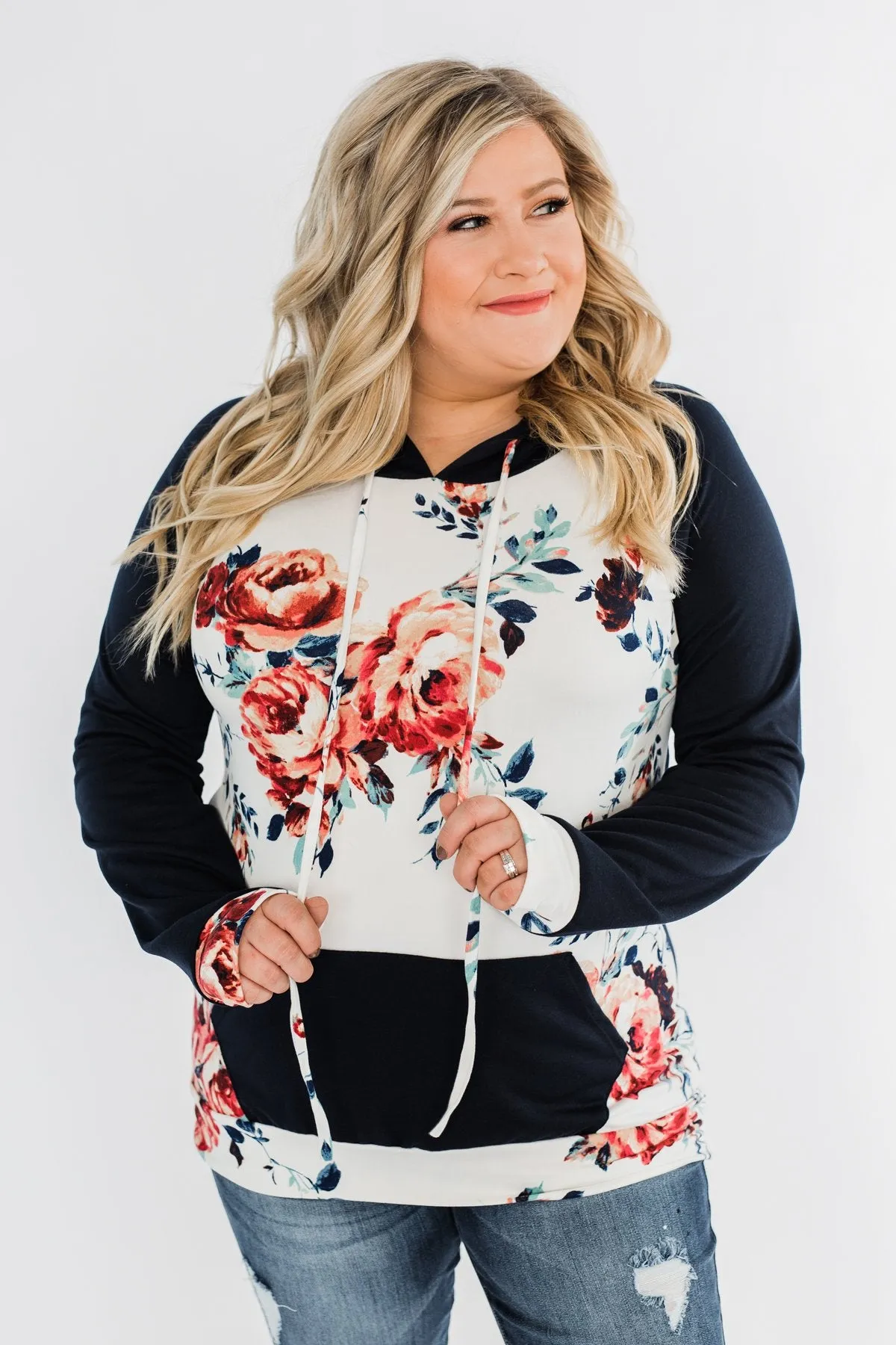Winter Blooms Floral Hoodie- Navy & Ivory