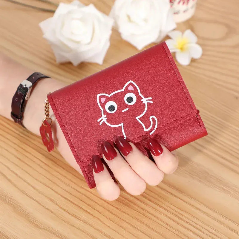 Women's Cute Cat Wallet Female Small Short PU Leather Purse Ladies Card Holder Money Bag