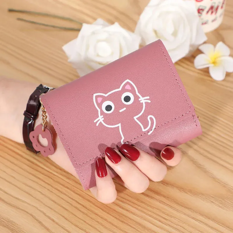 Women's Cute Cat Wallet Female Small Short PU Leather Purse Ladies Card Holder Money Bag