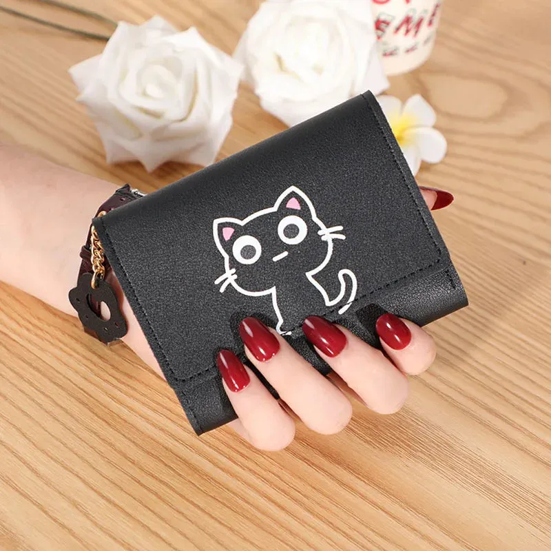 Women's Cute Cat Wallet Female Small Short PU Leather Purse Ladies Card Holder Money Bag