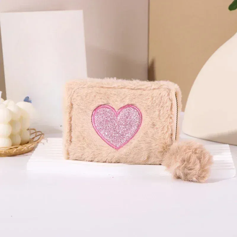Women's Cute Plush Heart Print Wallet Zipper Coin Purse ID Credit Card Holder Clutch Bag Mini Purse Coin Pouch Card Wallet