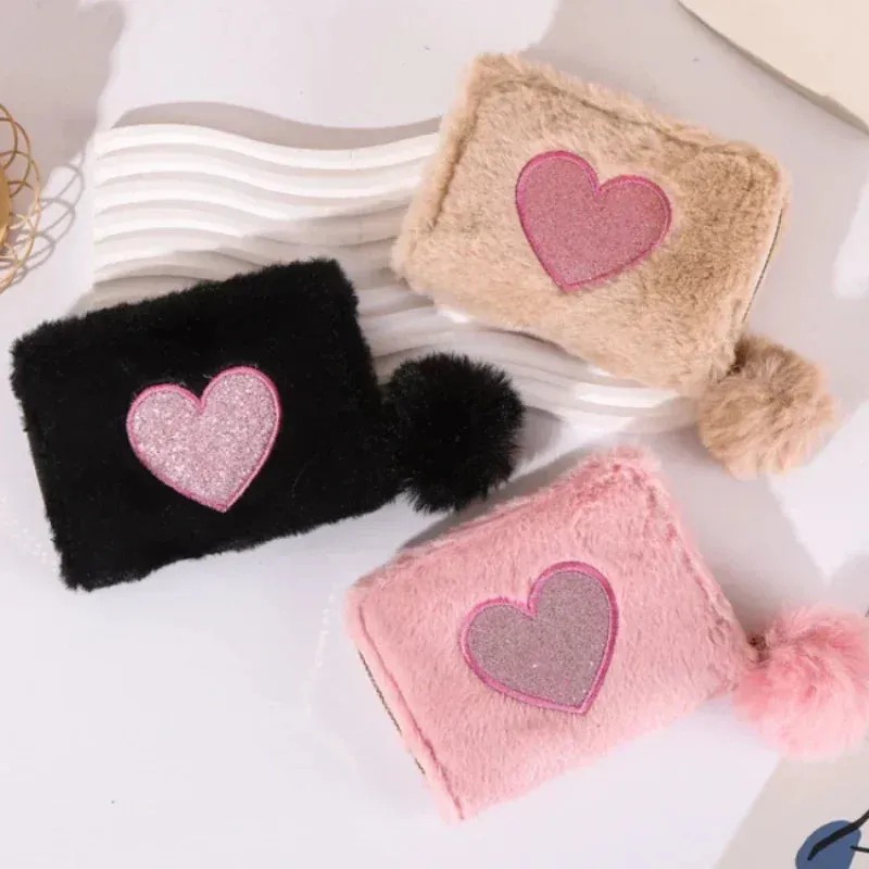 Women's Cute Plush Heart Print Wallet Zipper Coin Purse ID Credit Card Holder Clutch Bag Mini Purse Coin Pouch Card Wallet