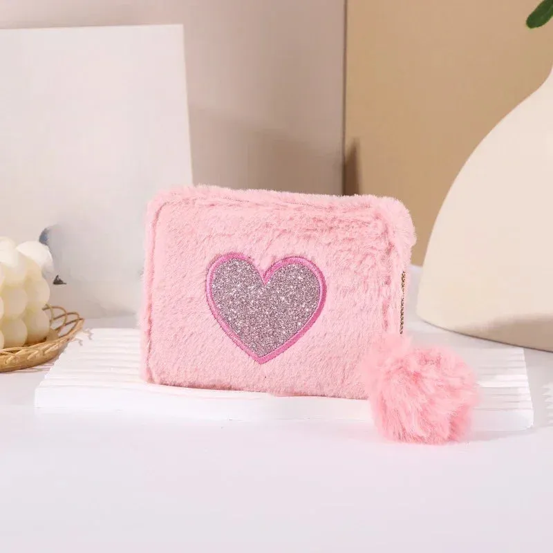 Women's Cute Plush Heart Print Wallet Zipper Coin Purse ID Credit Card Holder Clutch Bag Mini Purse Coin Pouch Card Wallet