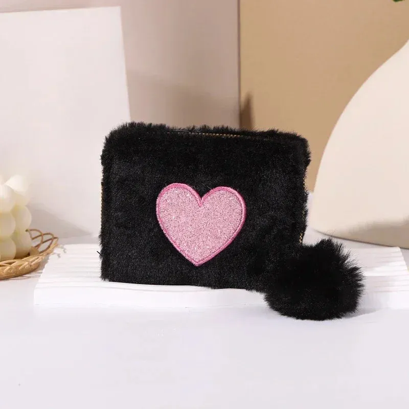 Women's Cute Plush Heart Print Wallet Zipper Coin Purse ID Credit Card Holder Clutch Bag Mini Purse Coin Pouch Card Wallet