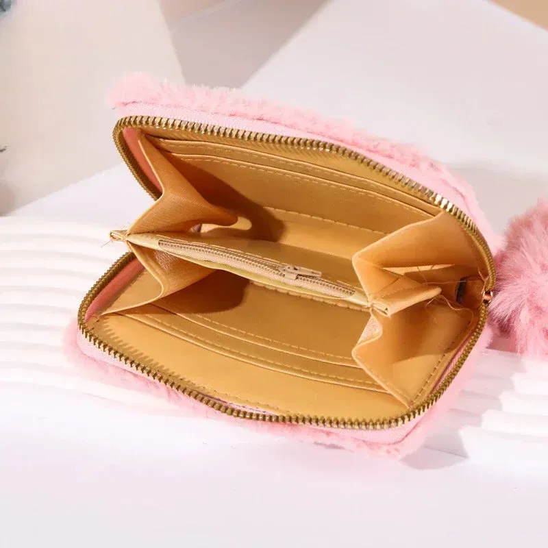Women's Cute Plush Heart Print Wallet Zipper Coin Purse ID Credit Card Holder Clutch Bag Mini Purse Coin Pouch Card Wallet