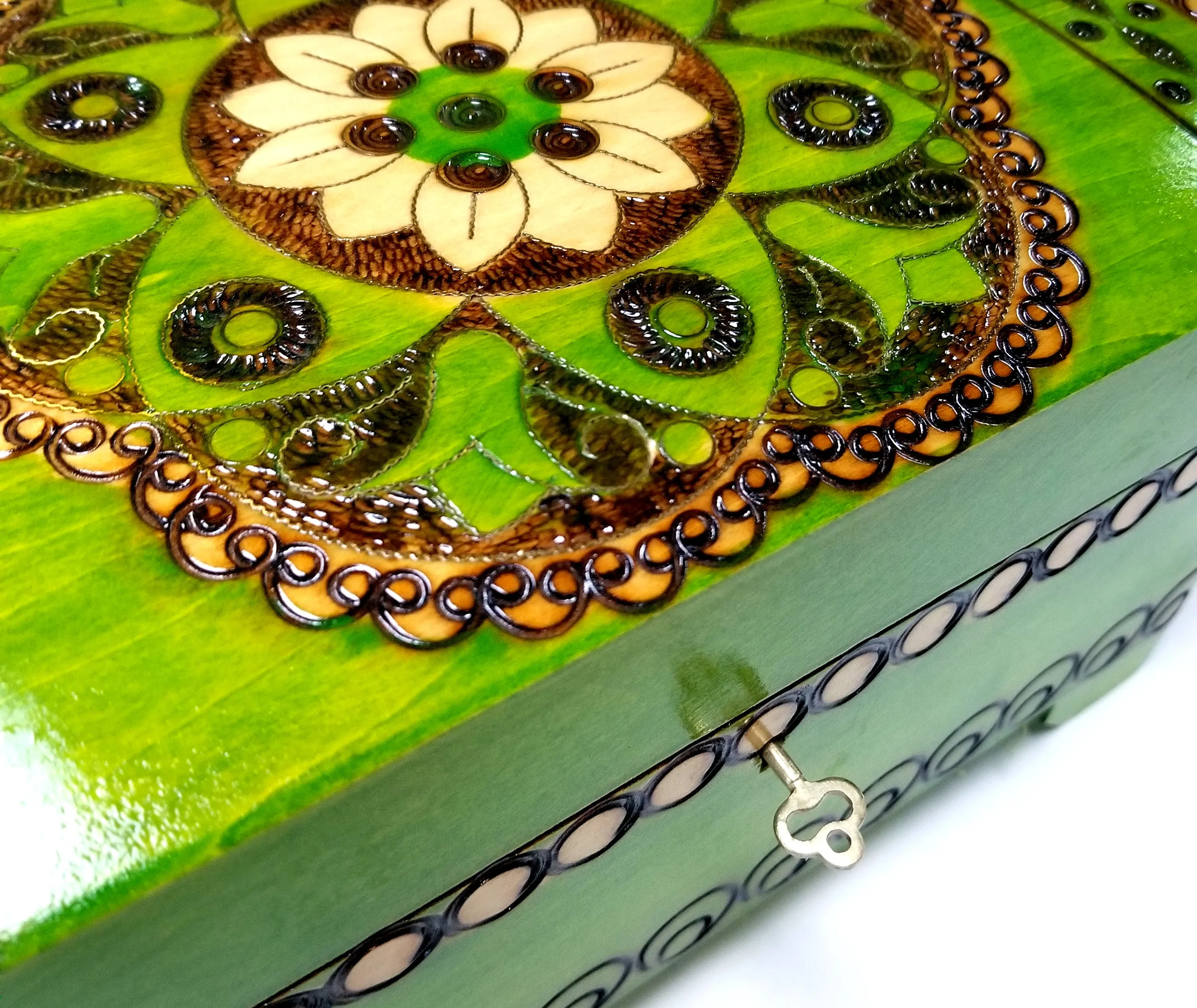XXL Polish Folk Floral Wooden Box with Brass Inlays, Compartments and Key, 10.5"x 6.75"