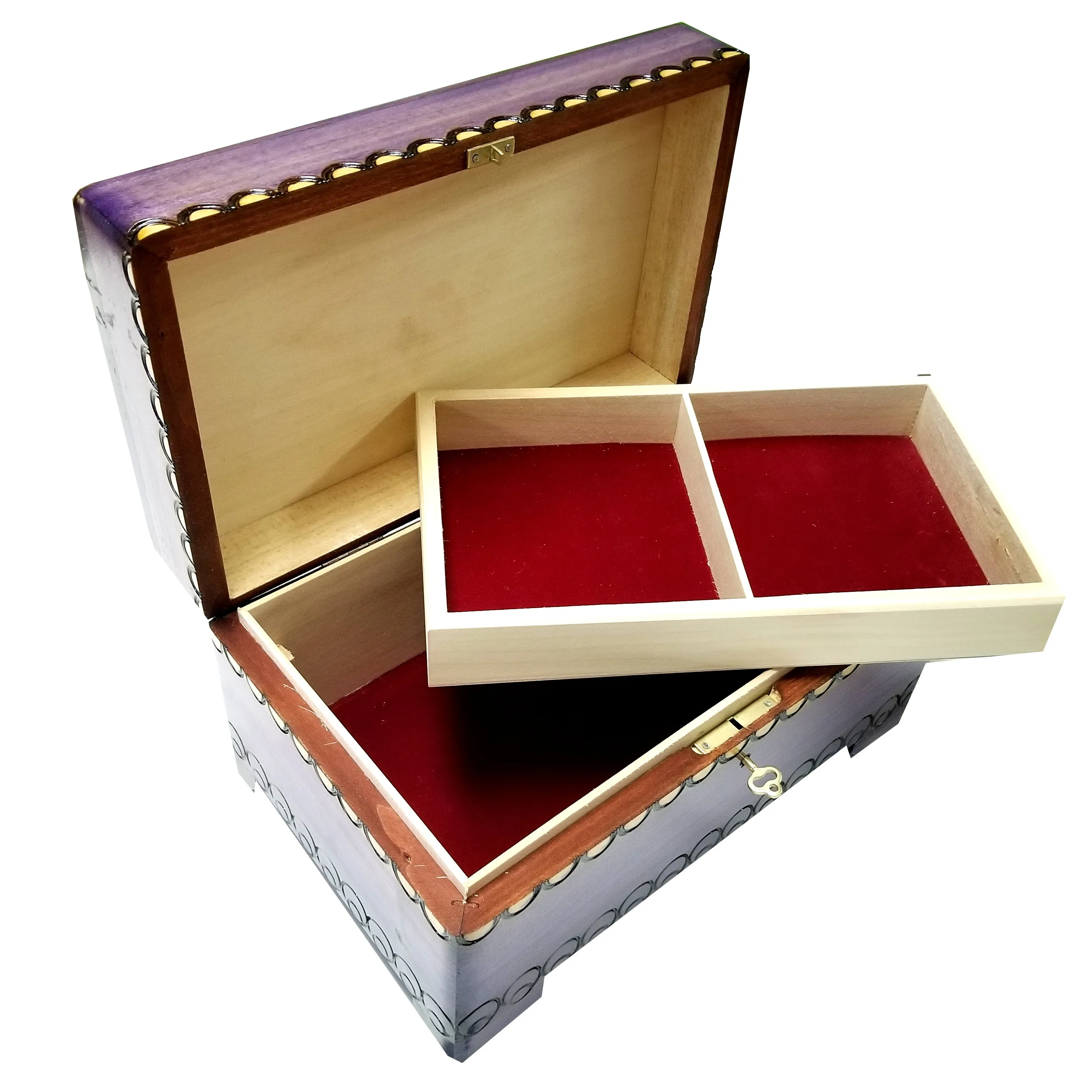 XXL Polish Folk Floral Wooden Box with Brass Inlays, Compartments and Key, 10.5"x 6.75"