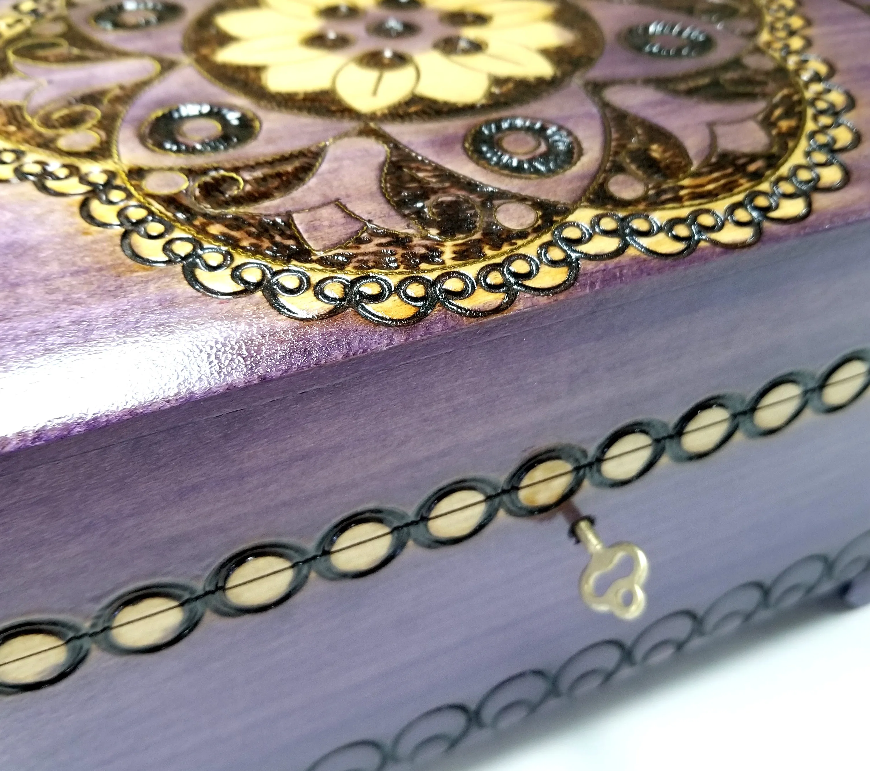 XXL Polish Folk Floral Wooden Box with Brass Inlays, Compartments and Key, 10.5"x 6.75"