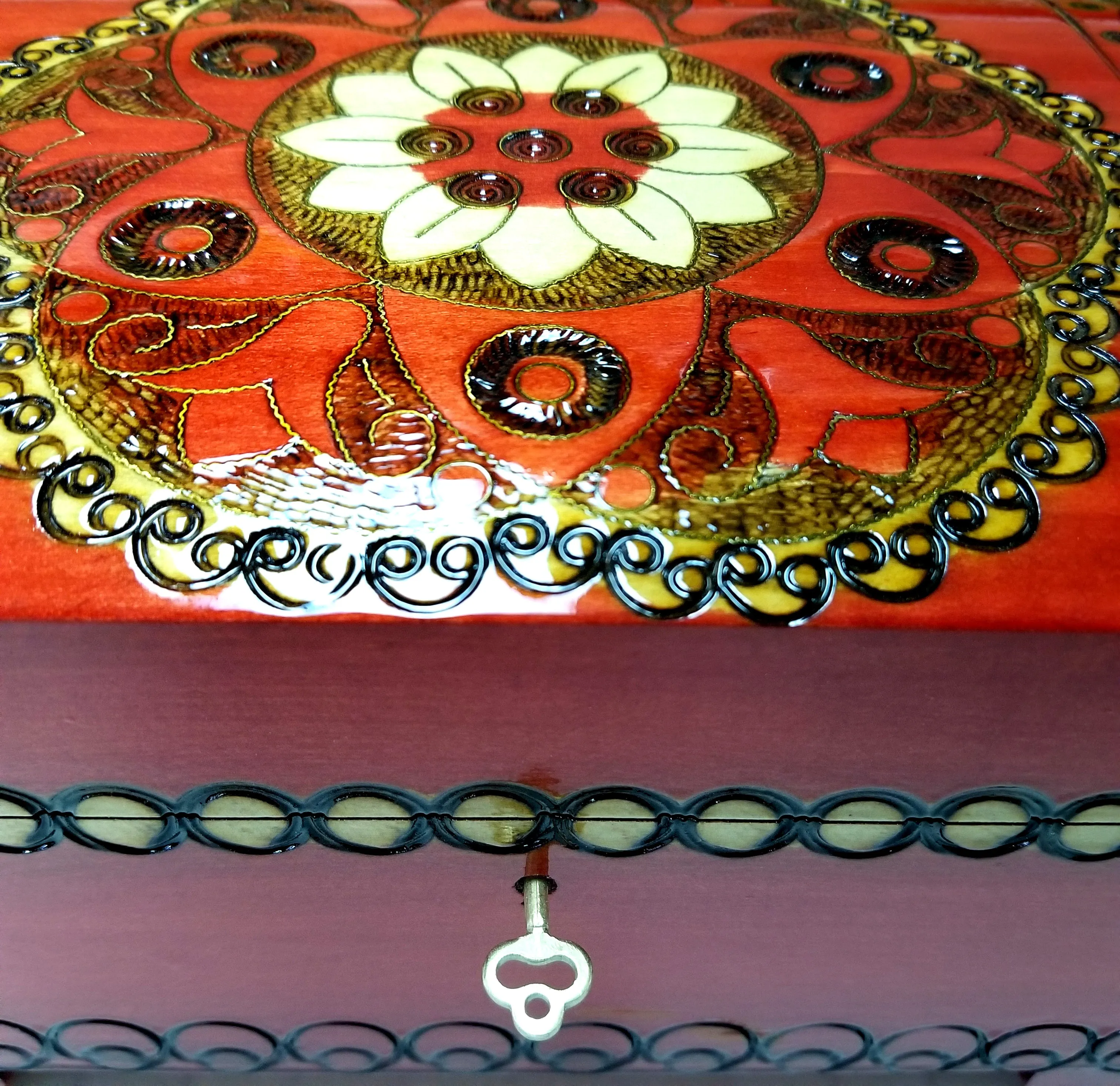 XXL Polish Folk Floral Wooden Box with Brass Inlays, Compartments and Key, 10.5"x 6.75"