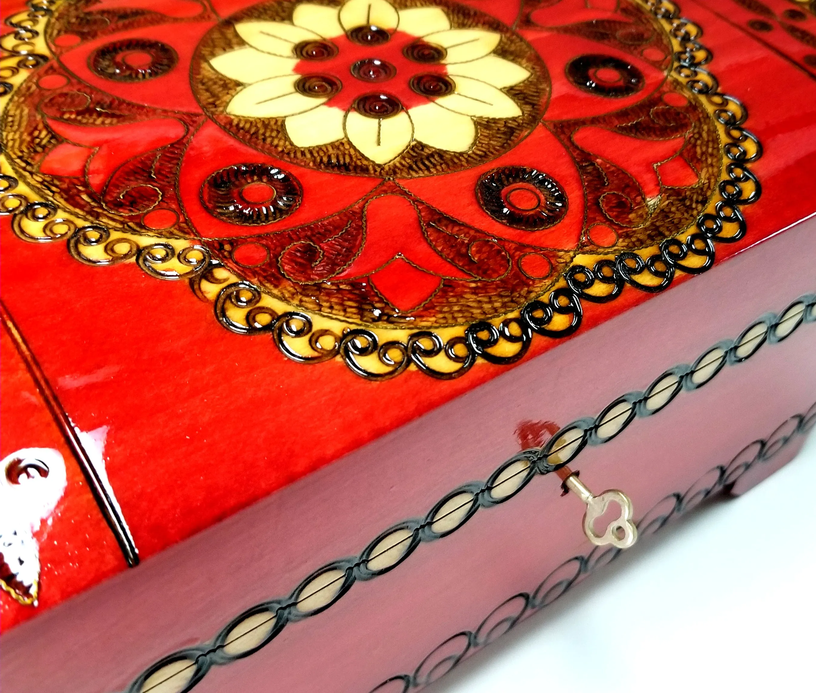 XXL Polish Folk Floral Wooden Box with Brass Inlays, Compartments and Key, 10.5"x 6.75"