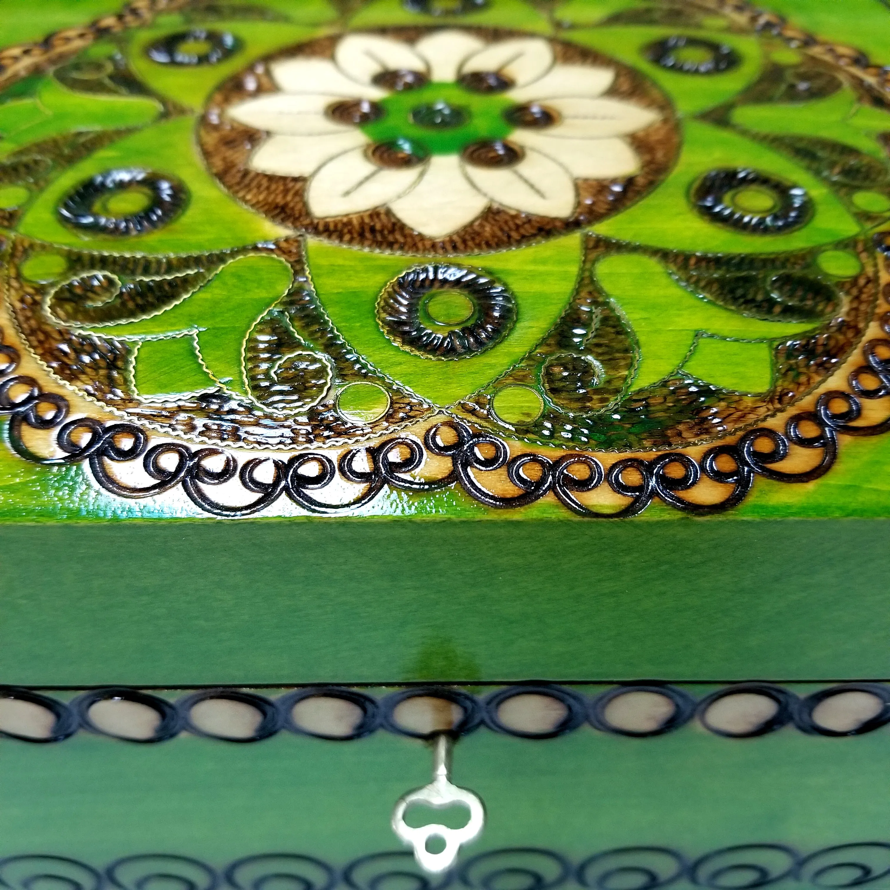 XXL Polish Folk Floral Wooden Box with Brass Inlays, Compartments and Key, 10.5"x 6.75"