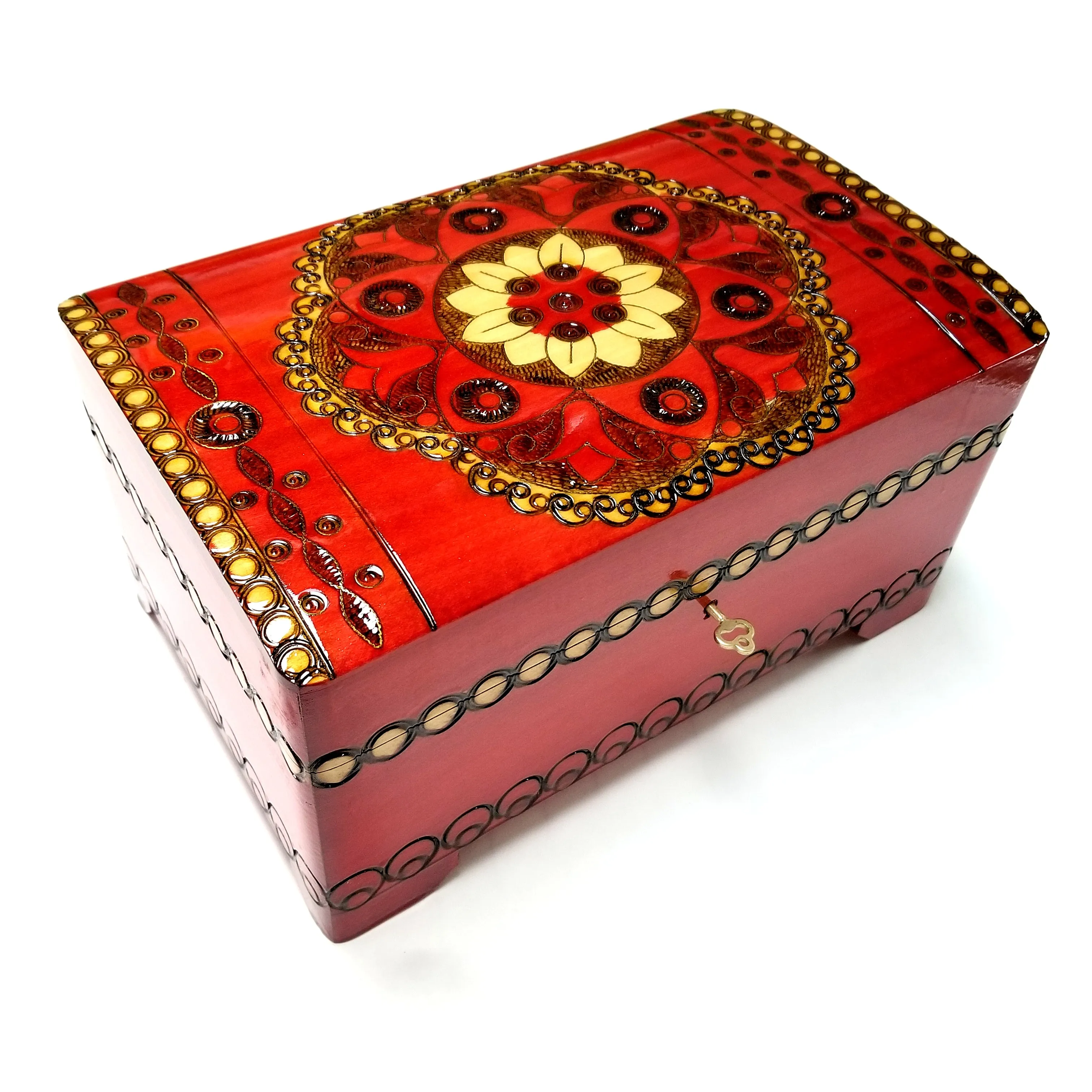 XXL Polish Folk Floral Wooden Box with Brass Inlays, Compartments and Key, 10.5"x 6.75"