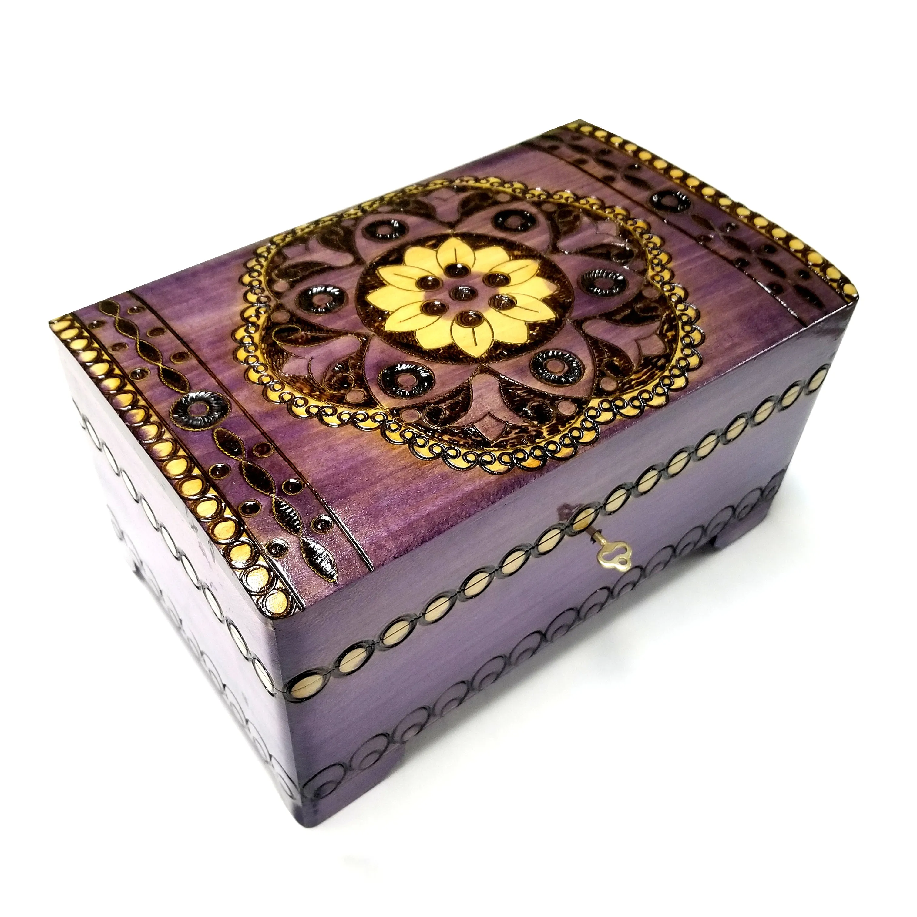 XXL Polish Folk Floral Wooden Box with Brass Inlays, Compartments and Key, 10.5"x 6.75"