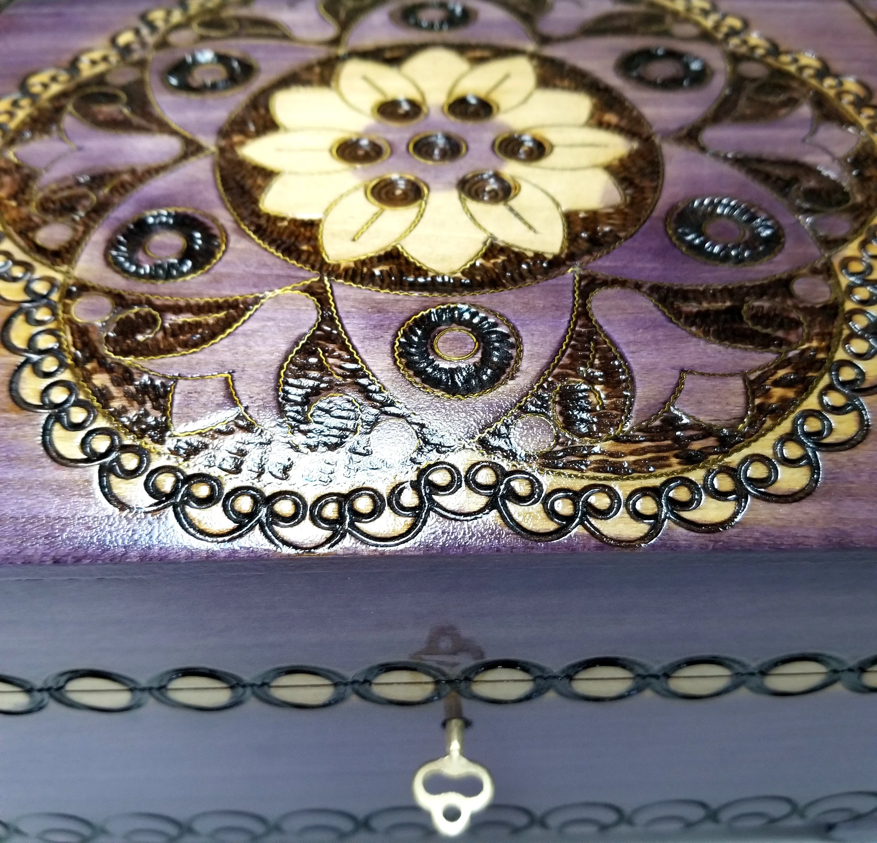 XXL Polish Folk Floral Wooden Box with Brass Inlays, Compartments and Key, 10.5"x 6.75"