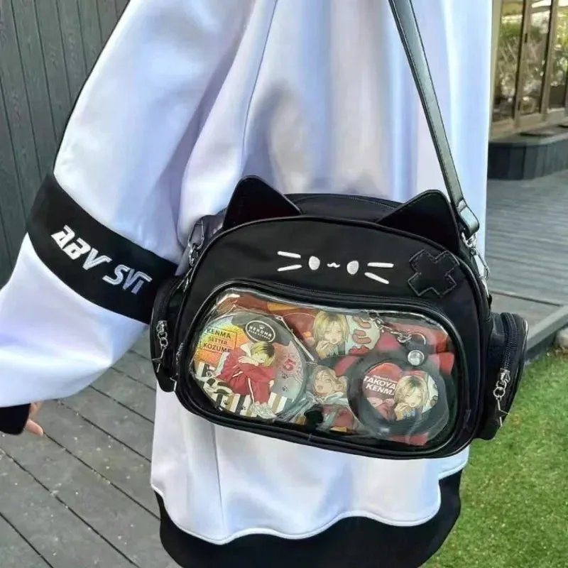 Y2K Korean Japan Kawaii Cat Ita Bag PU Cute Girls Transparent Pocket Aesthetic Shoulder Crossbody Bags Women's Fashion Backpacks