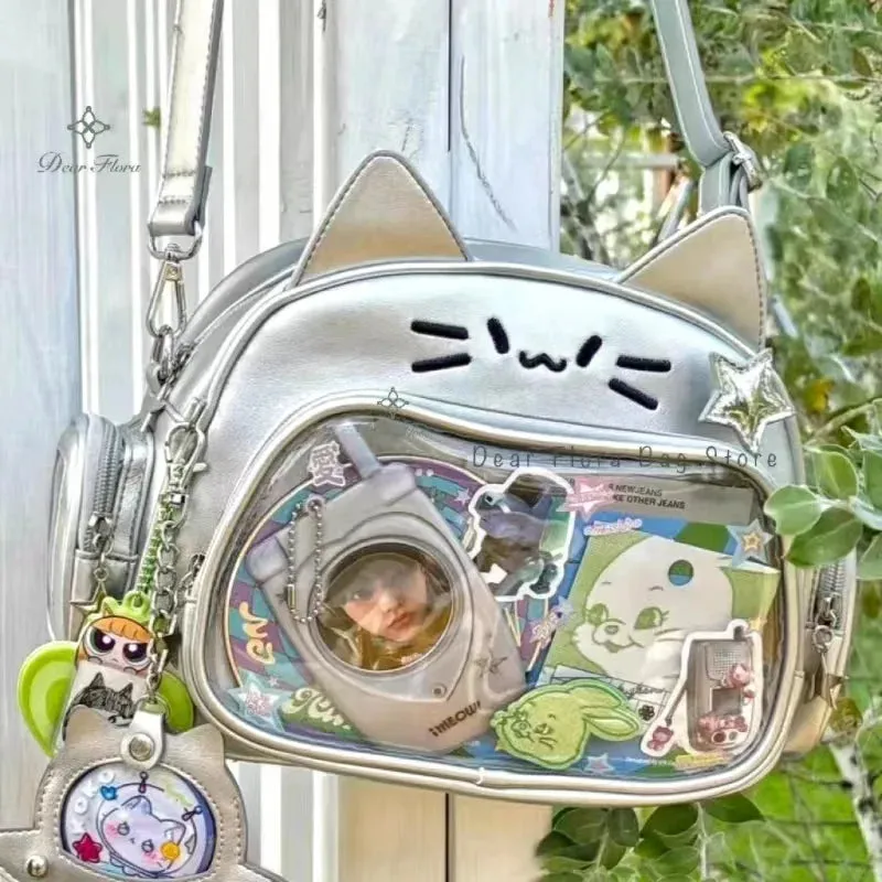 Y2K Korean Japan Kawaii Cat Ita Bag PU Cute Girls Transparent Pocket Aesthetic Shoulder Crossbody Bags Women's Fashion Backpacks