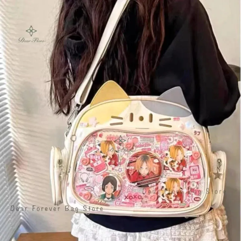 Y2K Korean Japan Kawaii Cat Ita Bag PU Cute Girls Transparent Pocket Aesthetic Shoulder Crossbody Bags Women's Fashion Backpacks