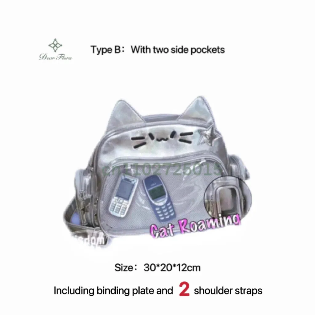 Y2K Korean Japan Kawaii Cat Ita Bag PU Cute Girls Transparent Pocket Aesthetic Shoulder Crossbody Bags Women's Fashion Backpacks