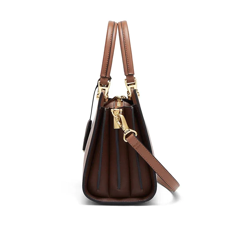 Zipper-Shut Leather Handbag Crossbody Bag - Brown/Coffee/Gray - One Size