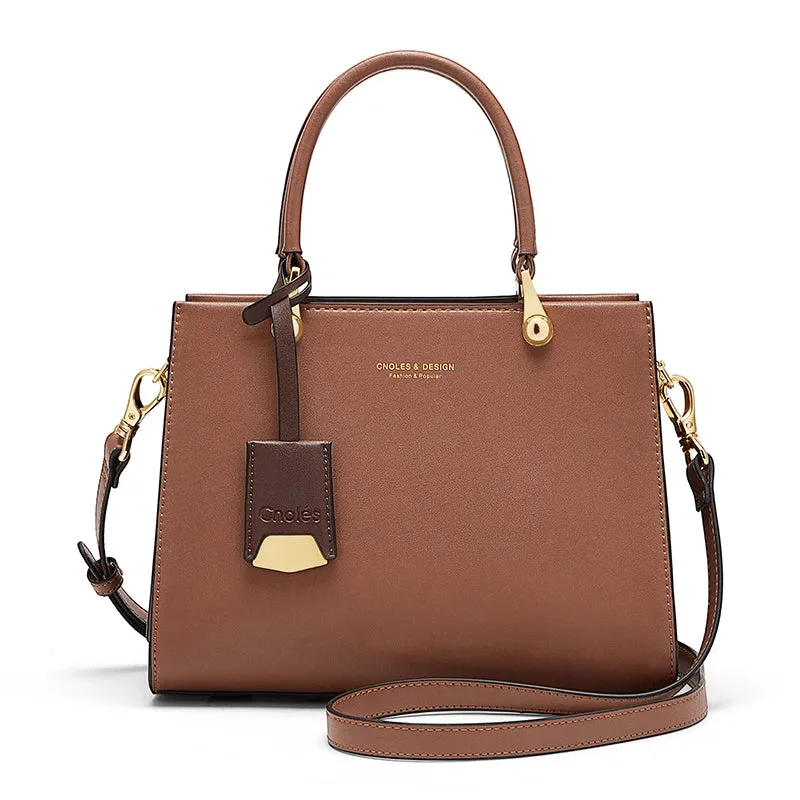 Zipper-Shut Leather Handbag Crossbody Bag - Brown/Coffee/Gray - One Size